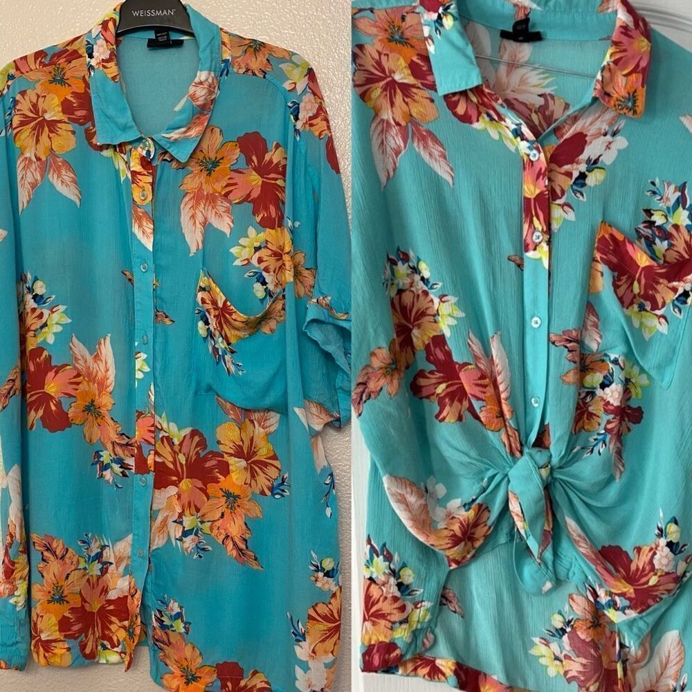 A.N.A. Aqua blue Hawaiian Tropical Button Up rayon lightweight blouse top L